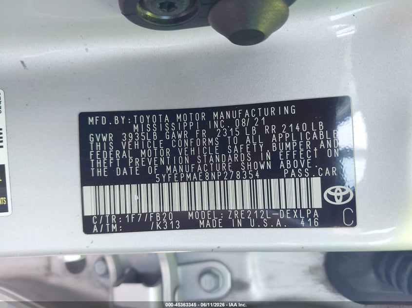 2022 Toyota Corolla VIN 5YFEPMAE8NP278354 IAAI salvage auction — FRONT END, Salvage Title, sold $3,350 on 2026-07-30 (photo 9)