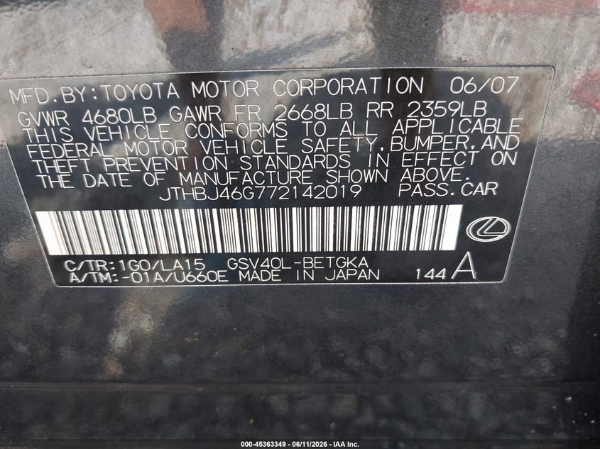 2007 Lexus Es 350 VIN JTHBJ46G772142019 IAAI salvage auction — SIDE, Salvage (Georgia), sold $775 on 2026-07-09 (photo 9)