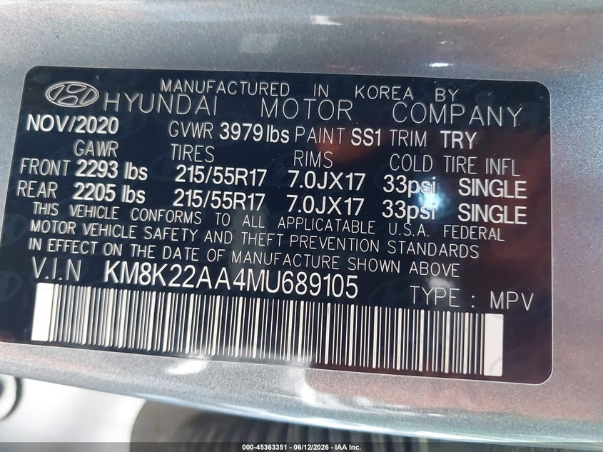 2021 Hyundai Kona VIN KM8K22AA4MU689105 IAAI salvage auction — FRONT END, Salvage Title, sold $1,150 on 2026-07-16 (photo 9)