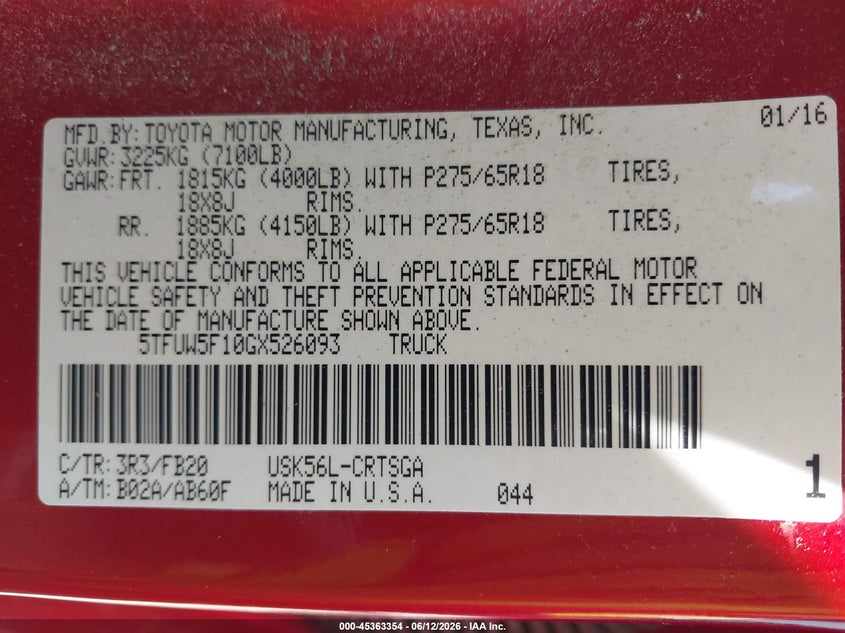 2016 Toyota Tundra VIN 5TFUW5F10GX526093 IAAI salvage auction — FRONT END, Junk Bill Of Sale Mv2459 (Wisconsin), sold $4,550 on 2026-07-25 (photo 9)