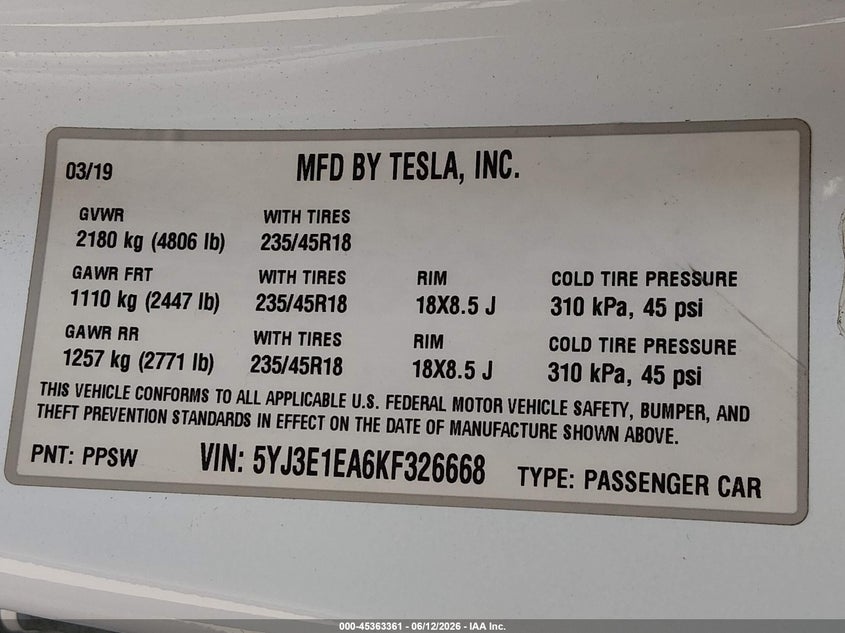 2019 Tesla Model 3 VIN 5YJ3E1EA6KF326668 IAAI salvage auction — REAR END, Salvage (California), sold $6,400 on 2026-07-13 (photo 9)