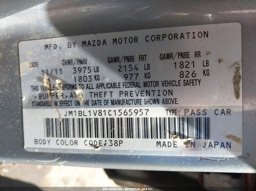 2012 Mazda 3 VIN JM1BL1V81C1565957 IAAI salvage auction — FRONT END, Clear (New Jersey), sold $400 on 2026-07-16 (photo 9)
