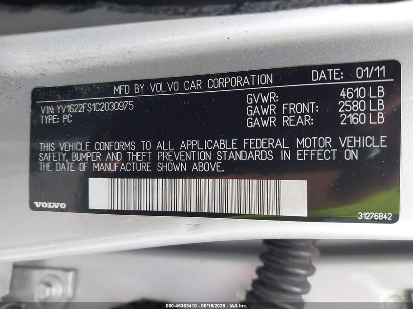 2012 Volvo S60 VIN YV1622FS1C2030975 IAAI salvage auction — FRONT END, Salvage Title, sold $350 on 2026-07-23 (photo 9)