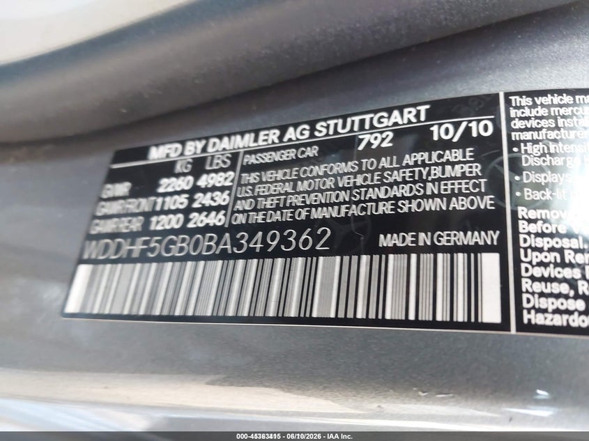 2011 Mercedes-benz E-klasse VIN WDDHF5GB0BA349362 IAAI salvage auction — MECHANICAL, Clear (Florida), sold $1,225 on 2026-07-15 (photo 9)