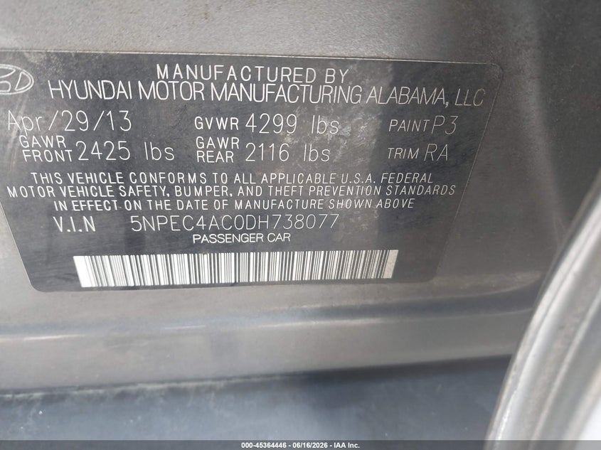 2013 Hyundai Sonata VIN 5NPEC4AC0DH738077 IAAI salvage auction — LEFT FRONT, Clear (Tennessee), sold $350 on 2026-07-14 (photo 9)