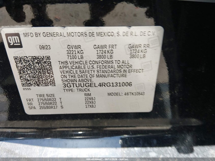 2024 Gmc VIN 3GTUUGEL4RG131006 IAAI salvage auction — FRONT END, Clear (Tennessee), sold $28,000 on 2026-07-20 (photo 9)