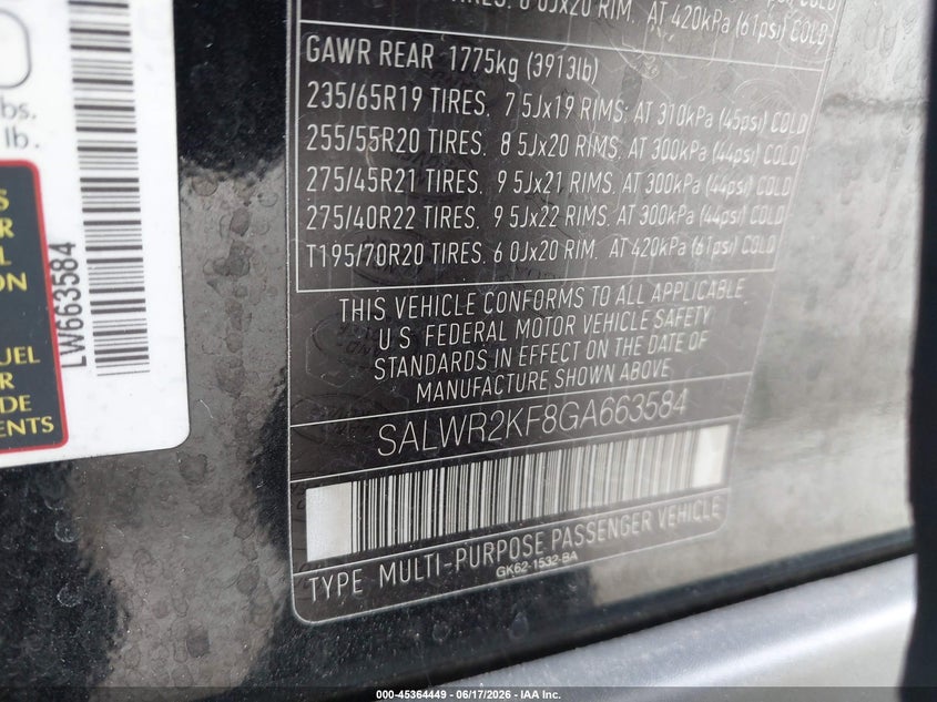 2016 Land rover Range rover sport VIN SALWR2KF8GA663584 IAAI salvage auction — ENGINE BURN, Non-Repairable (California), sold $550 on 2026-07-15 (photo 9)