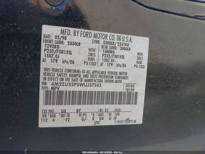 1998 Mercury Mountaineer VIN 4M2ZU55P5WUJ37543 IAAI salvage auction — NORMAL WEAR, Clear - Dealer Only (California), sold $250 on 2026-07-29 (photo 9)