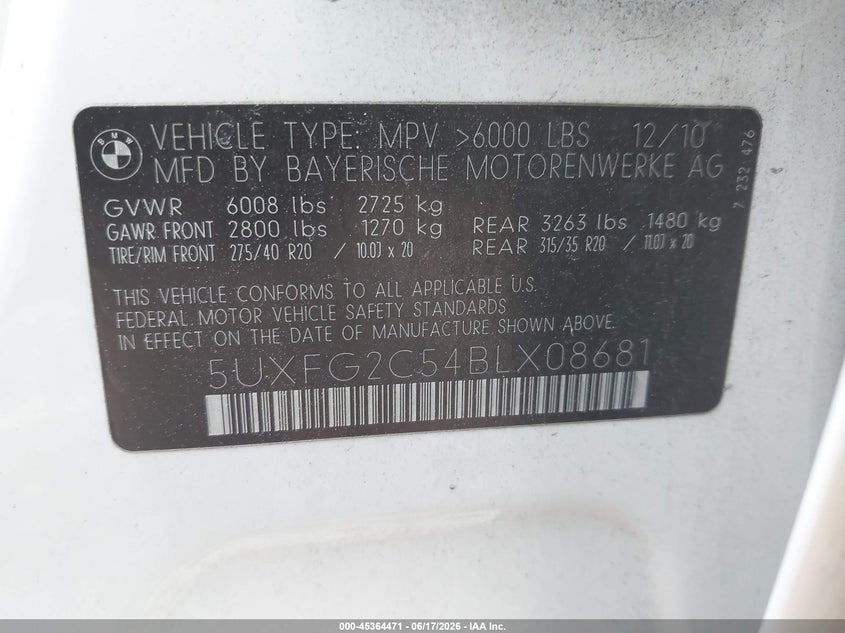 2011 BMW X6 VIN 5UXFG2C54BLX08681 IAAI salvage auction — FRONT END, Salvage (Virginia), sold $2,175 on 2026-07-07 (photo 9)