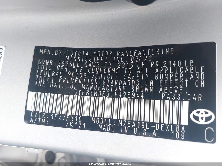2026 Toyota Corolla VIN 5YFB4MDE3TP425944 IAAI salvage auction — REAR END, Salvage - Greater Than 75% (Maryland), sold $6,275 on 2026-07-28 (photo 9)