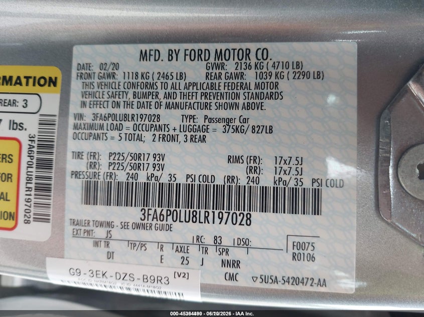 2020 Ford Fusion VIN 3FA6P0LU8LR197028 IAAI salvage auction — NORMAL WEAR, SF97 (Illinois), sold $10,800 on 2026-07-09 (photo 9)