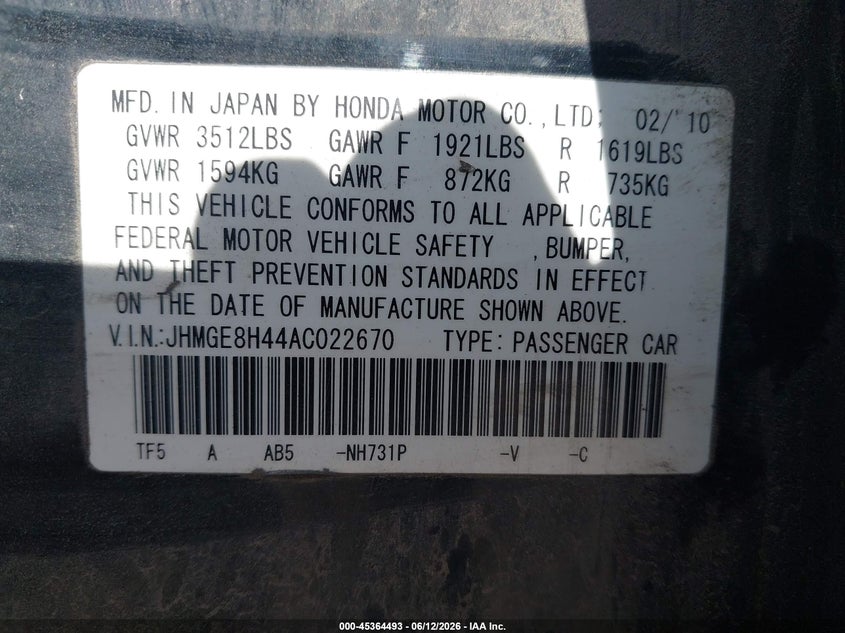 2010 Honda Fit VIN JHMGE8H44AC022670 IAAI salvage auction — NORMAL WEAR, Clear (New York), sold $1,075 on 2026-07-09 (photo 9)