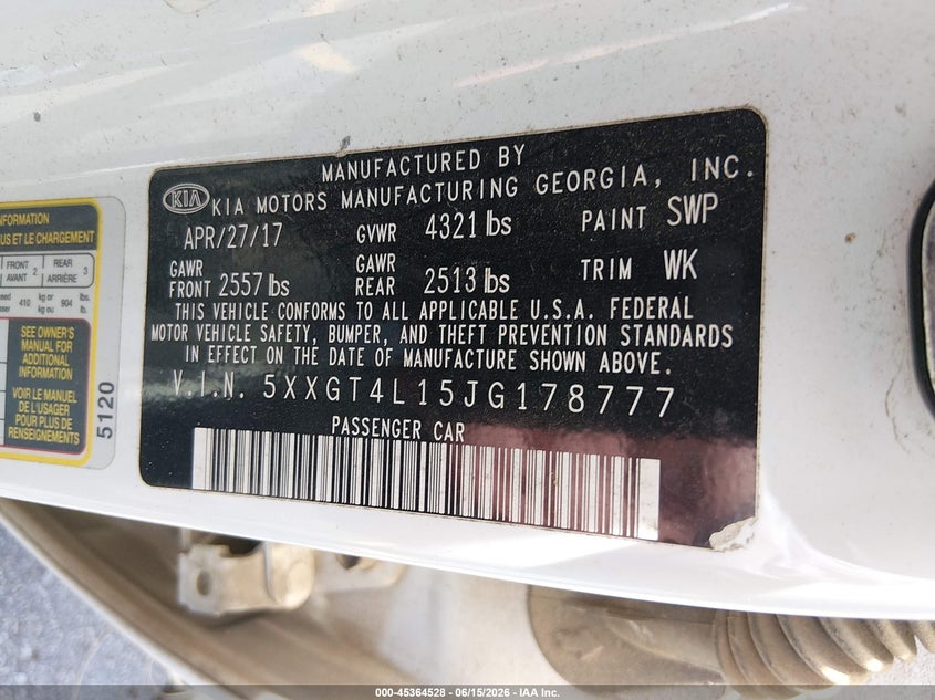 2018 Kia Optima VIN 5XXGT4L15JG178777 IAAI salvage auction — RIGHT SIDE, Salvage (South Carolina), sold $550 on 2026-07-08 (photo 9)