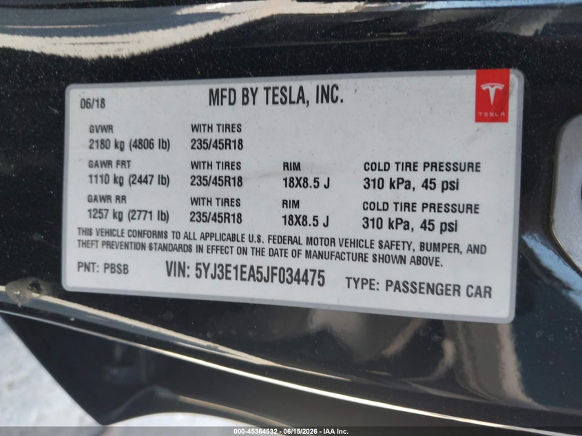 2018 Tesla Model 3 VIN 5YJ3E1EA5JF034475 IAAI salvage auction — UNKNOWN, Salvage (California), sold $4,250 on 2026-07-09 (photo 9)