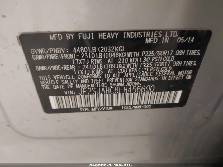 2015 Subaru Forester VIN JF2SJAHC8FH456690 IAAI salvage auction — LEFT FRONT, Prior Salvage (Minnesota), sold $1,450 on 2026-07-23 (photo 9)