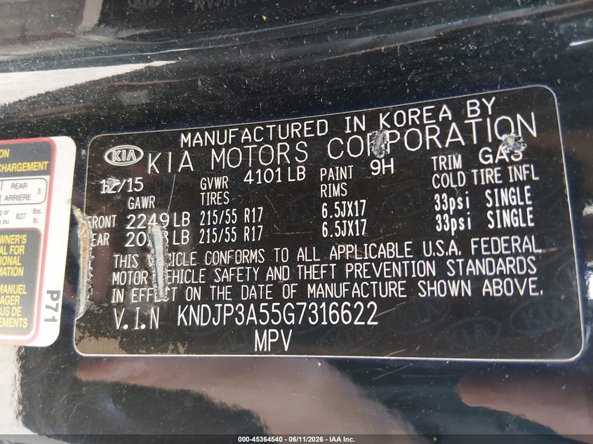 2016 Kia Soul VIN KNDJP3A55G7316622 IAAI salvage auction — NORMAL WEAR, Original (New Hampshire), sold $500 on 2026-07-22 (photo 9)