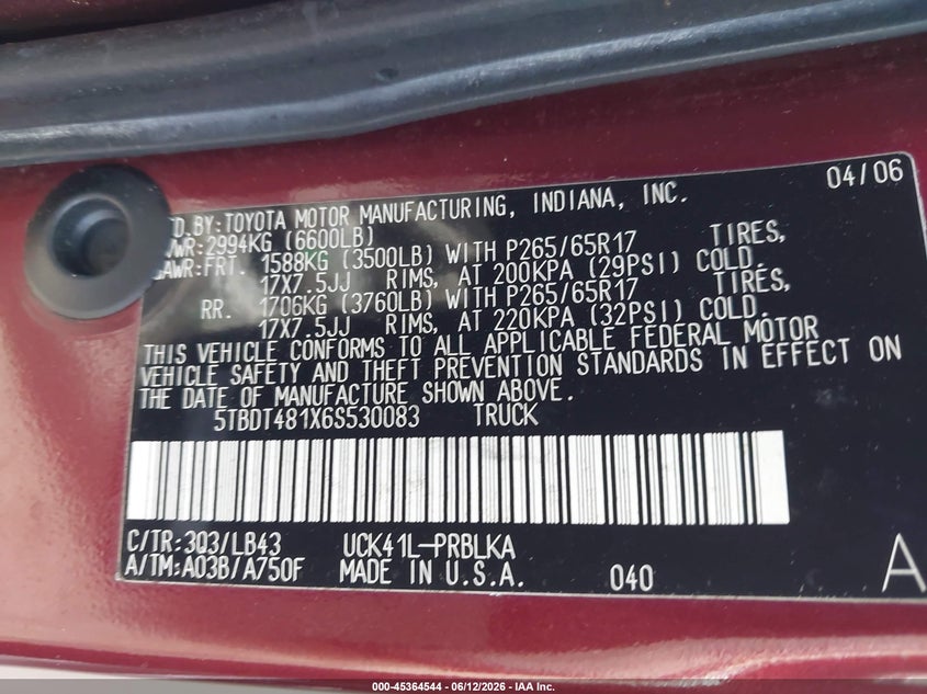 2006 Toyota Tundra VIN 5TBDT481X6S530083 IAAI salvage auction — FRONT END, Salvage (Texas), sold $2,150 on 2026-07-22 (photo 9)