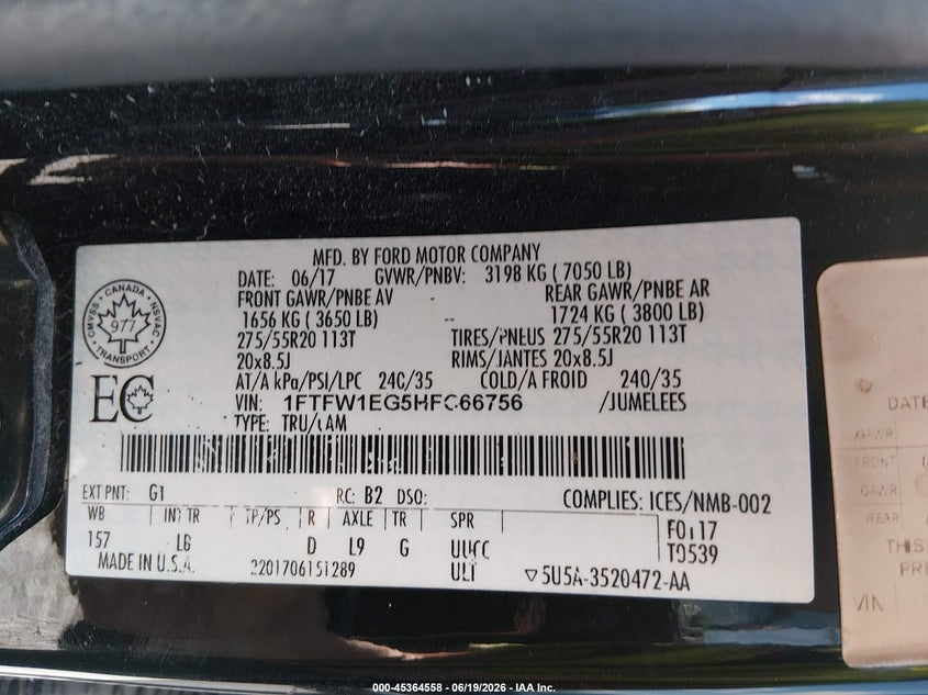 2017 Ford F-150 VIN 1FTFW1EG5HFC66756 IAAI salvage auction — LEFT FRONT, Salvage (Ohio), sold $4,900 on 2026-08-01 (photo 9)
