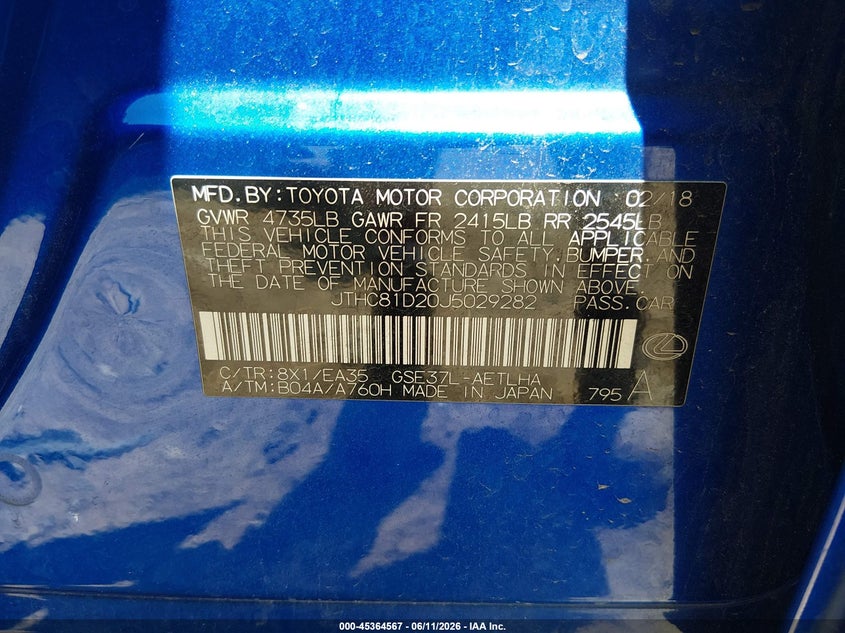 2018 Lexus VIN JTHC81D20J5029282 IAAI salvage auction — WATER/FLOOD, Salvage (Tennessee), sold $4,000 on 2026-07-29 (photo 9)