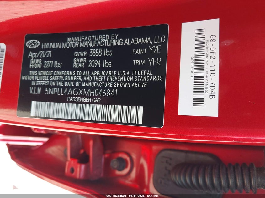 2021 Hyundai Elantra VIN 5NPLL4AGXMH046841 IAAI salvage auction — NORMAL WEAR, Sf97 (Maryland), sold $25 on 2026-07-21 (photo 9)