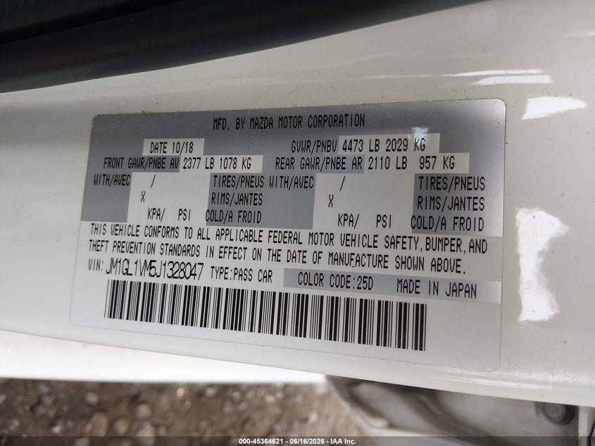 2018 Mazda 6 VIN JM1GL1VM5J1328047 IAAI salvage auction — REAR END, Salvage Title, sold $2,700 on 2026-07-28 (photo 9)