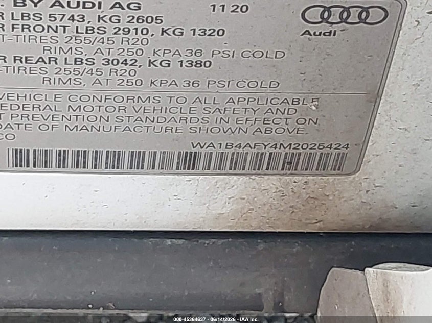 2021 Audi Sq5 VIN WA1B4AFY4M2025424 IAAI salvage auction — WATER/FLOOD, Salvage Title, sold $11,750 on 2026-07-21 (photo 9)