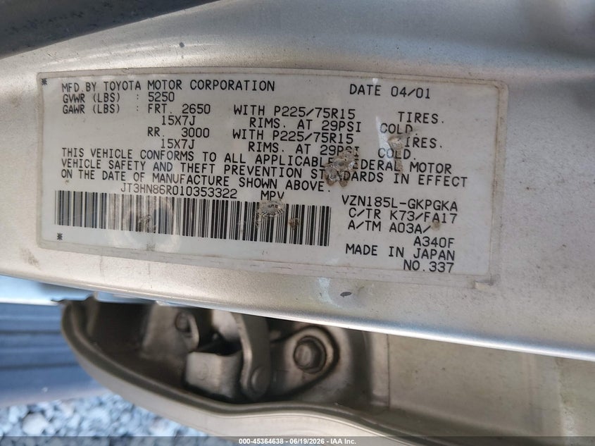2001 Toyota 4runner VIN JT3HN86R010353322 IAAI salvage auction — FRONT & REAR, Salvage (Kentucky), sold $1,250 on 2026-07-24 (photo 9)