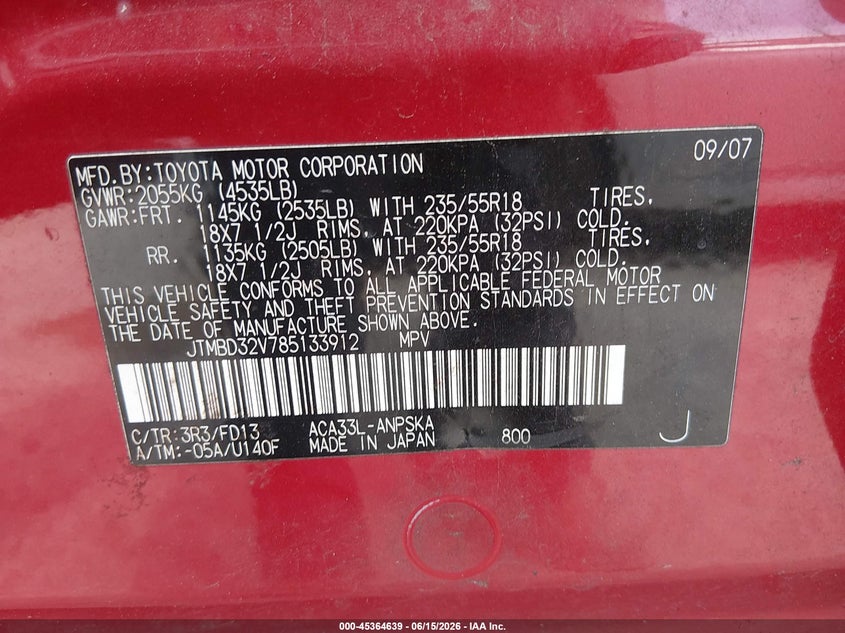2008 Toyota Rav4 VIN JTMBD32V785133912 IAAI salvage auction — NORMAL WEAR, Clear (Washington), sold $1,775 on 2026-07-08 (photo 9)