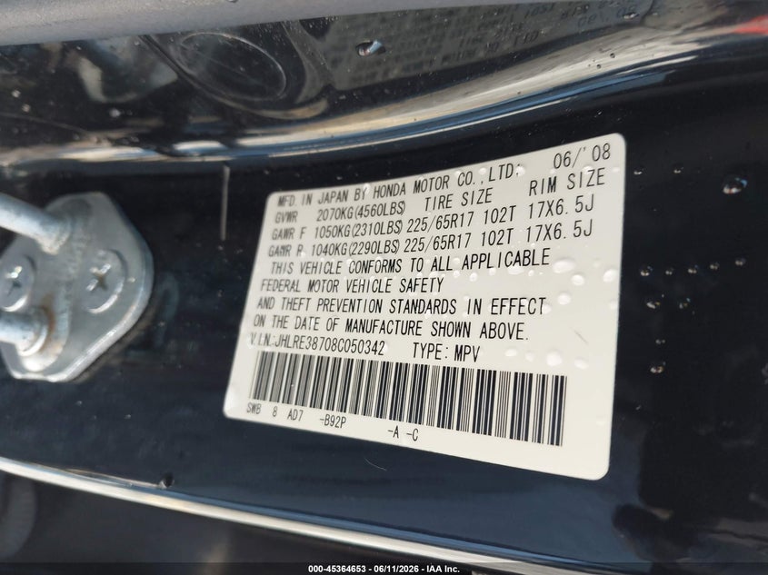 2008 Honda Cr-v VIN JHLRE38708C050342 IAAI salvage auction — LEFT FRONT, Salvage (Iowa), sold $1,350 on 2026-07-07 (photo 9)