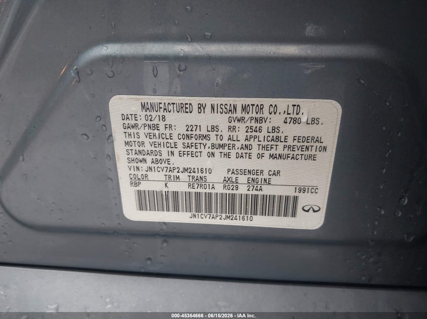 2018 Infiniti Q50 VIN JN1CV7AP2JM241610 IAAI salvage auction — VANDALISM, Salvage (Texas), sold $4,250 on 2026-07-15 (photo 9)
