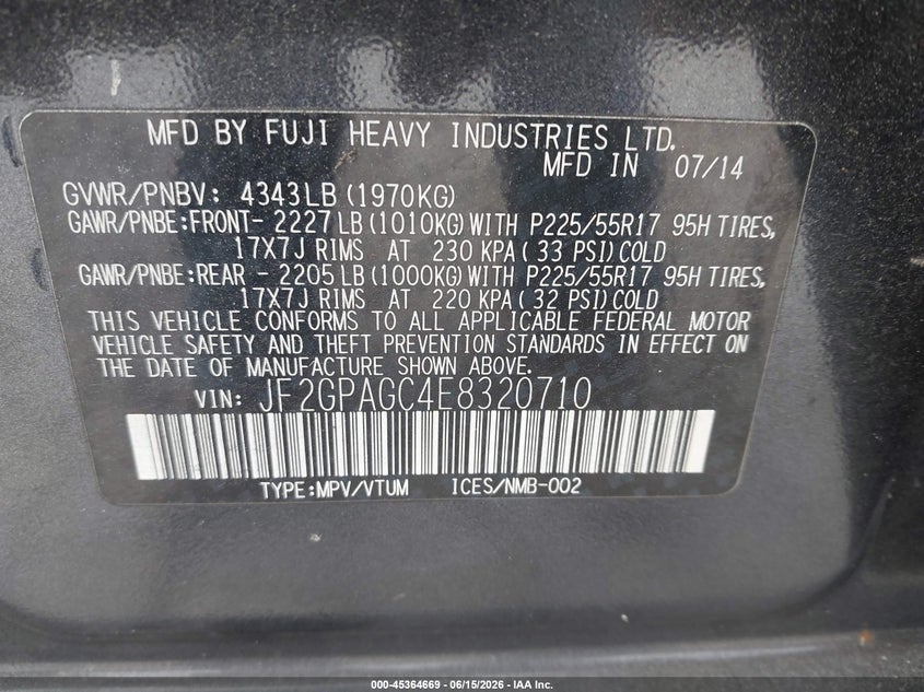 2014 Subaru Xv VIN JF2GPAGC4E8320710 IAAI salvage auction — FRONT END, Salvage (North Carolina), sold $1,525 on 2026-07-14 (photo 9)