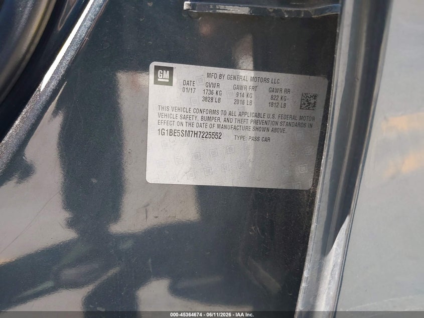 2017 Chevrolet Cruze VIN 1G1BE5SM7H7225552 IAAI salvage auction — RIGHT FRONT, Salvage (California), sold $1,550 on 2026-07-27 (photo 9)