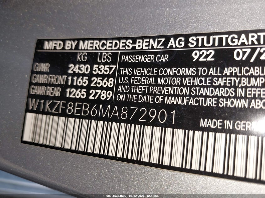 2021 Mercedes-benz E-klasse VIN W1KZF8EB6MA872901 IAAI salvage auction — REAR END, Salvage (Idaho), sold $19,100 on 2026-07-13 (photo 9)