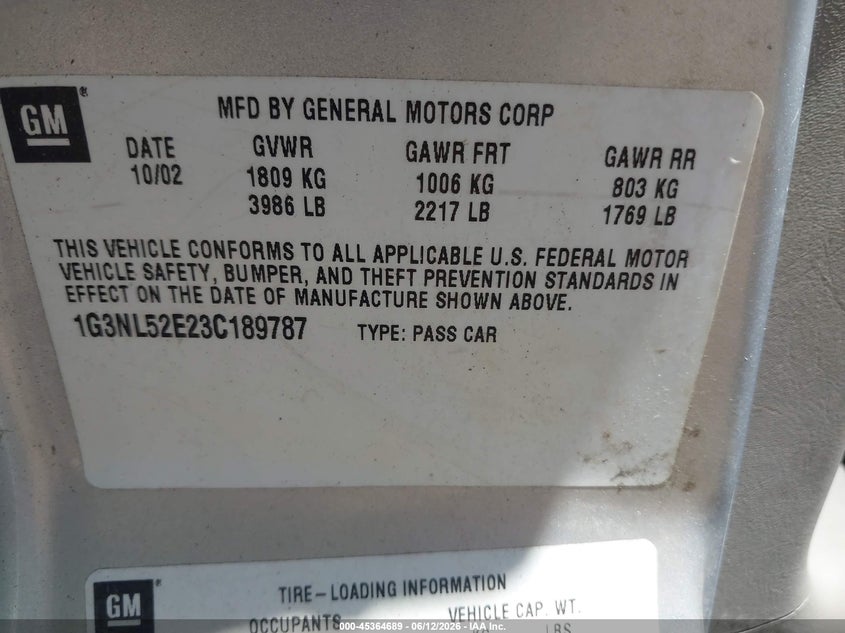 2003 Oldsmobile Alero VIN 1G3NL52E23C189787 IAAI salvage auction — FRONT END, Salvage (Indiana), sold $275 on 2026-07-08 (photo 9)