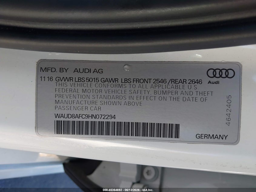 2017 Audi A6 VIN WAUD8AFC9HN072294 IAAI salvage auction — FRONT END, Salvage (Missouri), sold $2,750 on 2026-07-21 (photo 9)