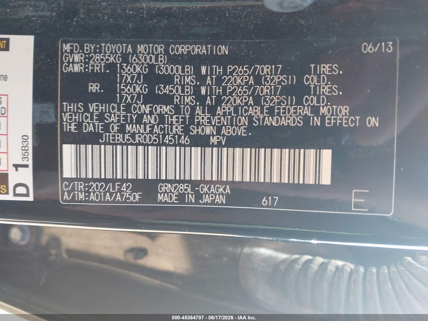 2013 Toyota 4runner VIN JTEBU5JR0D5145146 IAAI salvage auction — HAIL, Clear (Missouri), sold $9,900 on 2026-07-06 (photo 9)