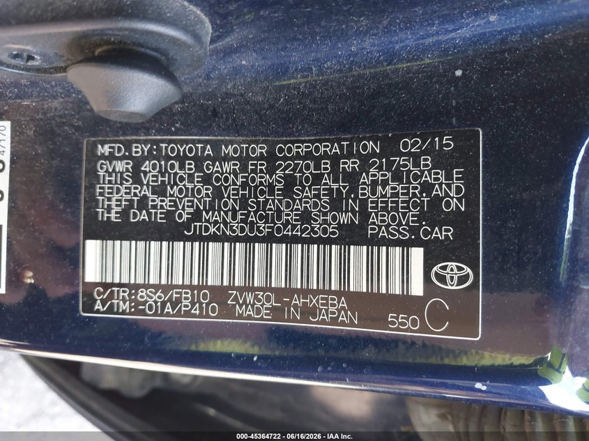 2015 Toyota Prius VIN JTDKN3DU3F0442305 IAAI salvage auction — HAIL, Salvage (Ohio), sold $1,100 on 2026-07-06 (photo 9)