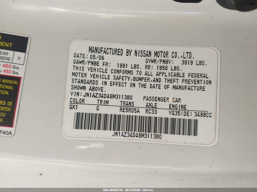 2006 Nissan 350z VIN JN1AZ34D46M311380 IAAI salvage auction — RIGHT SIDE, Bill Of Sale (Washington), sold $1,000 on 2026-07-29 (photo 9)