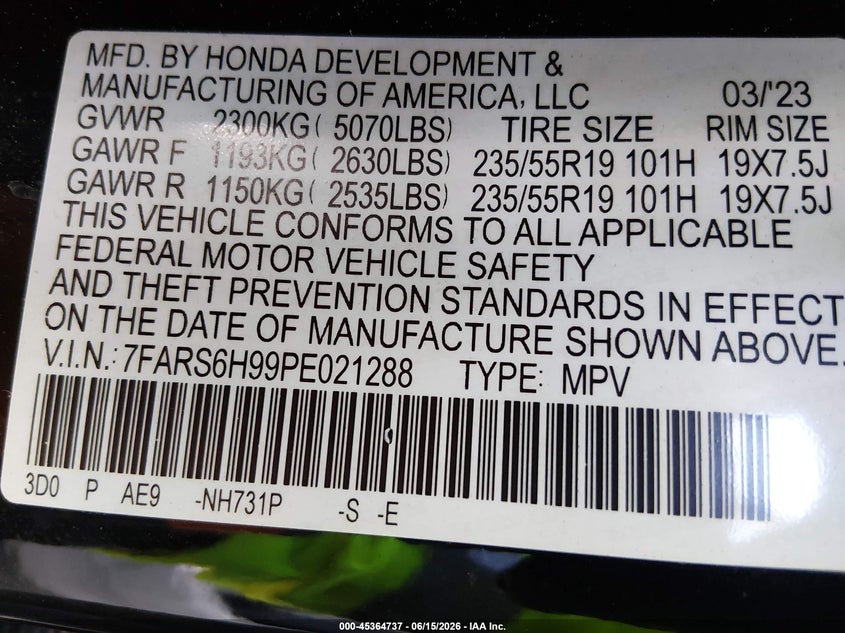 2023 Honda Cr-v VIN 7FARS6H99PE021288 IAAI salvage auction — RIGHT SIDE, Salvage (Kansas), sold $13,400 on 2026-07-12 (photo 9)