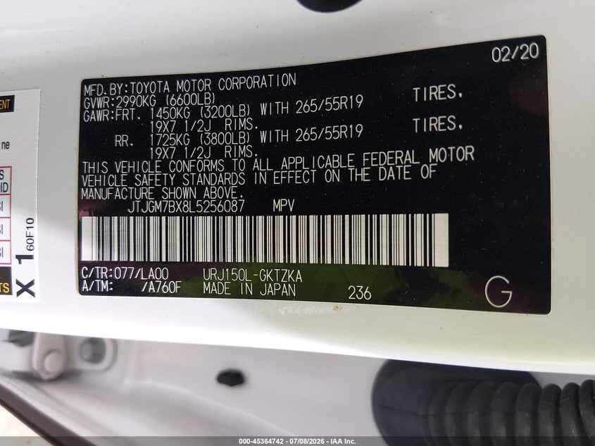2020 Lexus Gx VIN JTJGM7BX8L5256087 IAAI salvage auction — FRONT END, Salvage (Tennessee), sold $22,500 on 2026-07-29 (photo 9)
