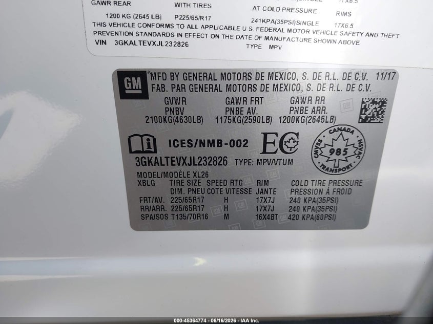 2018 Gmc Terrain VIN 3GKALTEVXJL232826 IAAI salvage auction — FRONT END, Salvage Title, sold $3,550 on 2026-07-25 (photo 9)