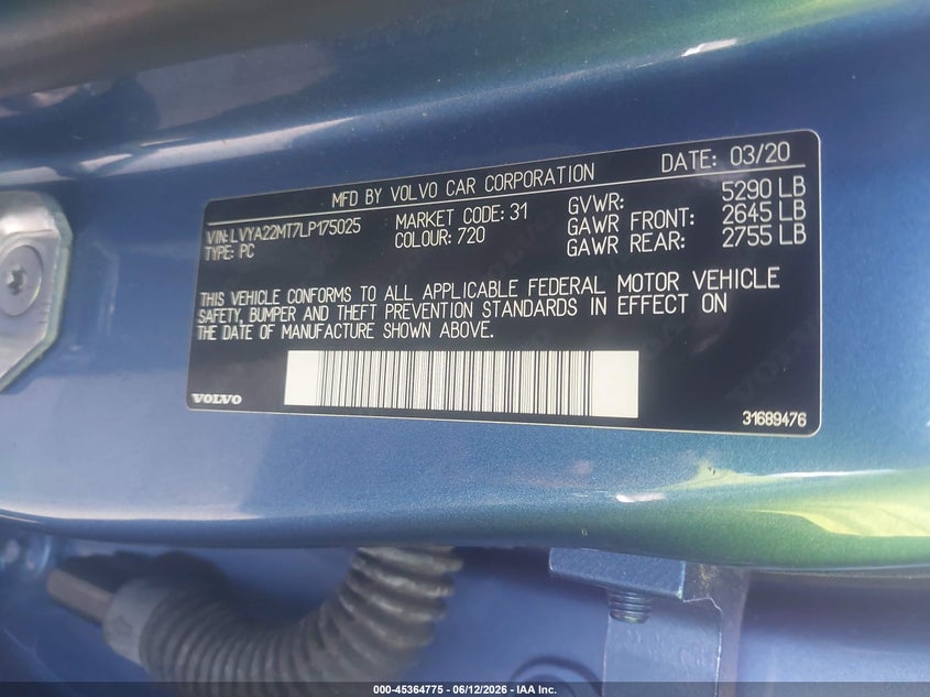 2020 Volvo S90 VIN LVYA22MT7LP175025 IAAI salvage auction — FRONT END, Salvage (Texas), sold $7,700 on 2026-07-24 (photo 9)