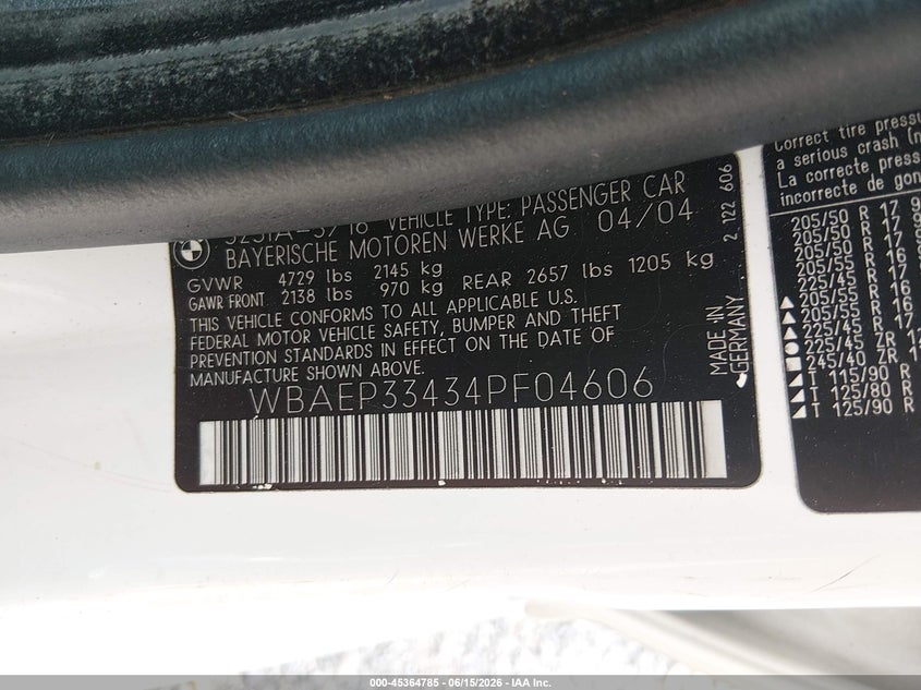 2004 BMW 3 series VIN WBAEP33434PF04606 IAAI salvage auction — LEFT FRONT, Clear (South Carolina), sold $1,050 on 2026-07-22 (photo 9)