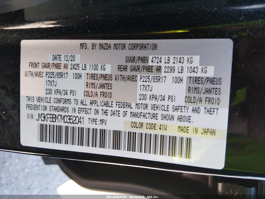 2021 Mazda Cx-5 VIN JM3KFBBM7M0352041 IAAI salvage auction — REAR END, Salvage Title, sold $5,200 on 2026-07-21 (photo 9)