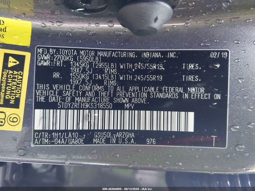 2019 Toyota Highlander VIN 5TDYZRFH9KS318550 IAAI salvage auction — FRONT END, Salvage Title, sold $8,600 on 2026-07-25 (photo 9)