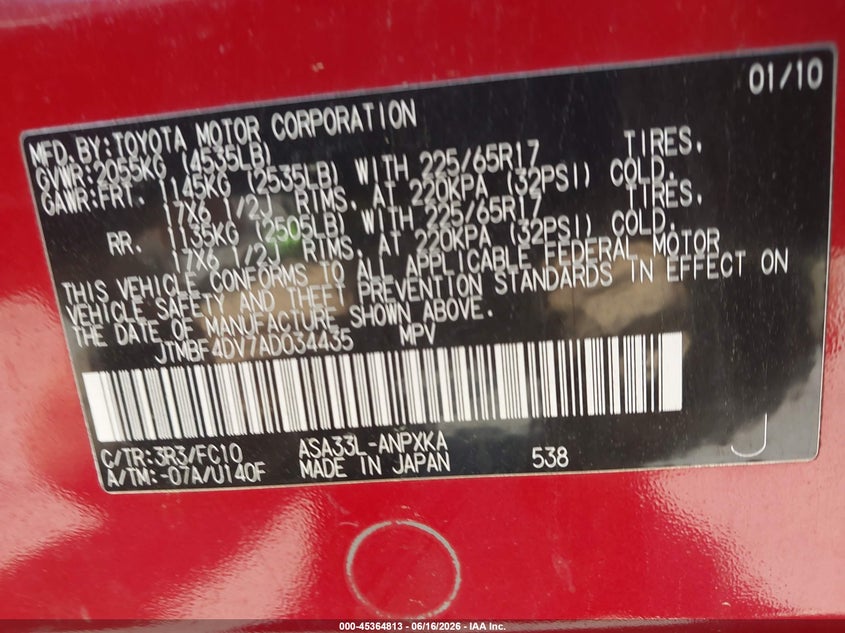 2010 Toyota Rav 4 VIN JTMBF4DV7AD034435 IAAI salvage auction — REAR END, Clear (Massachusetts), sold $2,150 on 2026-07-07 (photo 9)