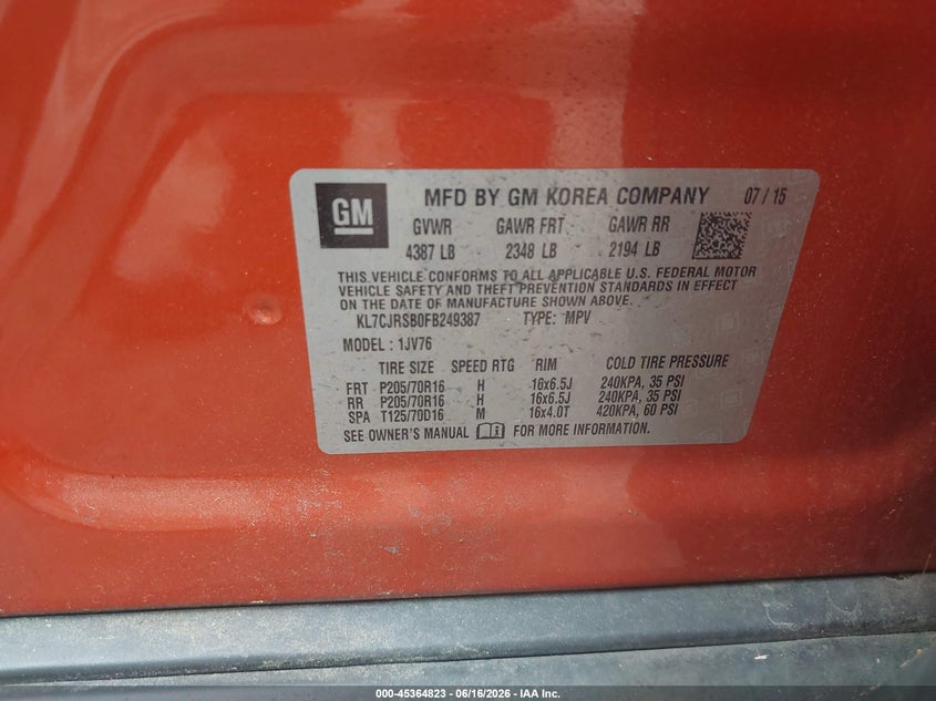 2015 Chevrolet Trax VIN KL7CJRSB0FB249387 IAAI salvage auction — REAR END, Clear (Virginia), sold $575 on 2026-07-28 (photo 9)