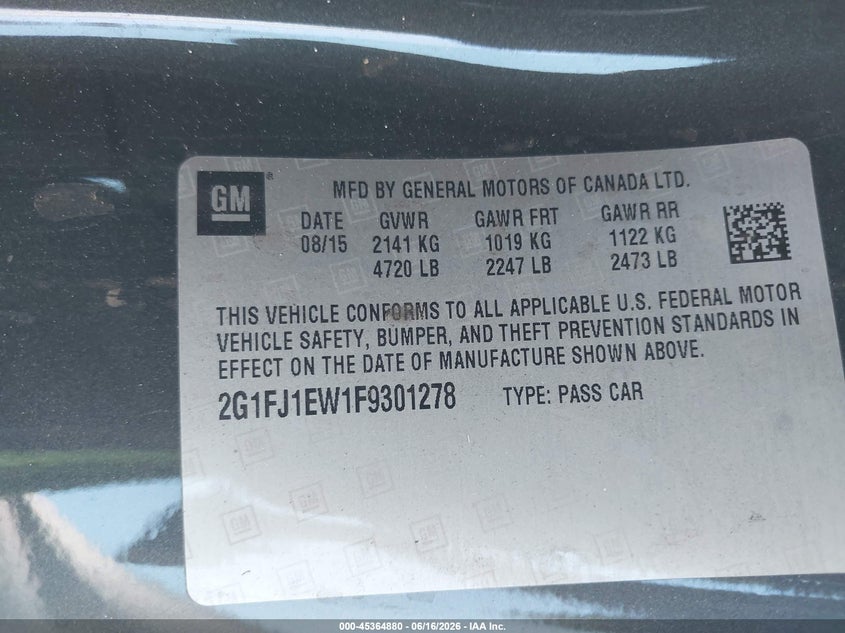 2015 Chevrolet Camaro VIN 2G1FJ1EW1F9301278 IAAI salvage auction — FRONT END, Salvage Title, sold $7,050 on 2026-07-30 (photo 9)