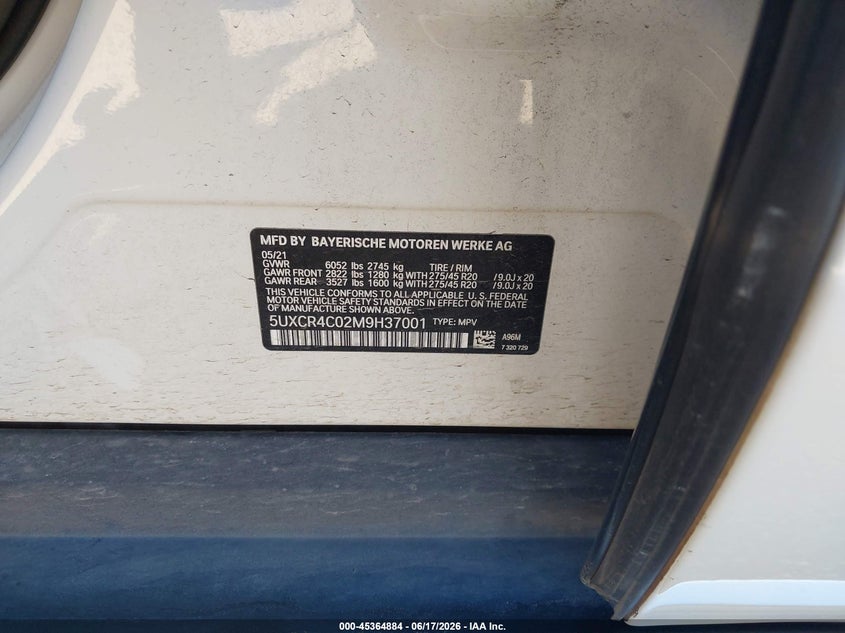 2021 BMW X5 VIN 5UXCR4C02M9H37001 IAAI salvage auction — FRONT END, Original (Texas), sold $18,000 on 2026-07-27 (photo 9)