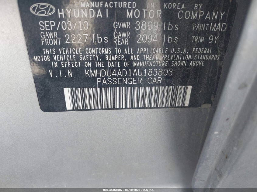2010 Hyundai Elantra VIN KMHDU4AD1AU183803 IAAI salvage auction — NORMAL WEAR, Clear - Dealer Only (California), sold $725 on 2026-07-22 (photo 9)